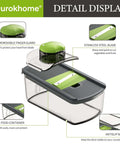 Ourokhome 6-in-1 mandoline slicer, gray with green guard, includes 2L food container