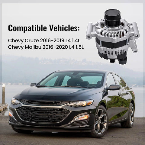 Chevy Malibu parked with highlighted 130 Amp Alternator Direct Fit For Chevy Malibu 2016 To 2020 1.5L And Cruze 2016 To 2019 1.4L With 5 Groove Decoupler Pulley Replacement 44002N A005TV0184ZC 13534118 13513504.