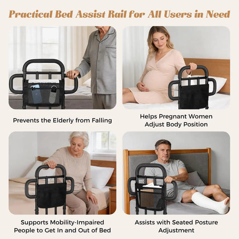 Heavy Duty Bed Rail With Dual Grab Bars For Elderly Adults 400 Lbs Capacity showing various uses on different beds