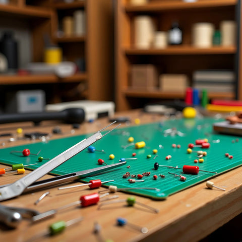 Soldering iron kit on workbench; adjustable heater components, green cutting mat, and assorted tiny electronic parts.