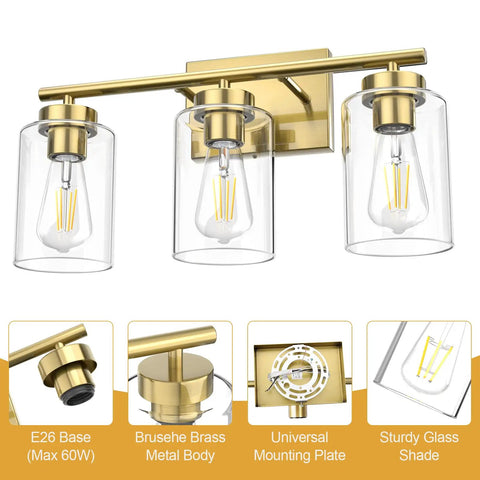 Brushed Brass Modern Bathroom Light Fixtures with Clear Glass Shade Three Light Vanity Wall Sconce, E26 base, brass metal, glass shades.