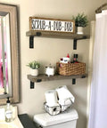 Heavy Duty 9.25 Inch Lip Shelf Brackets For Floating Shelves installed in bathroom, Industrial Forged Steel, Rustic Black Finish