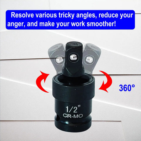 Rugged 10 Piece Impact Swivel Socket Set With CrMo Steel showcasing 1/2 inch socket with 360° swivel and universal joint.