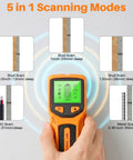 5‑in‑1 Stud Finder Wall Scanner, Smart Chip Wall Detector with LCD Display showing scanning modes and depths on screen.
