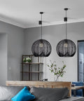 Coastal Industrial Rattan Chandelier With Black Round Wicker Shade Pendant Lamp for Living Room or Bedroom, 15.7x13.8 inch
