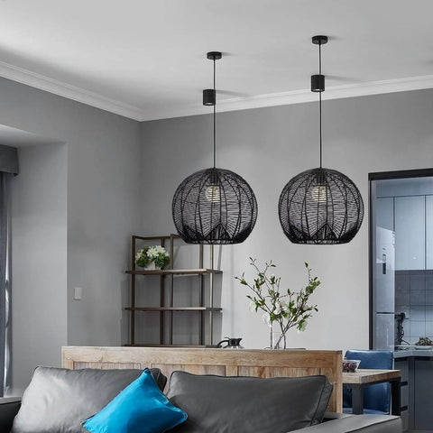 Coastal Industrial Rattan Chandelier With Black Round Wicker Shade Pendant Lamp for Living Room or Bedroom, 15.7x13.8 inch