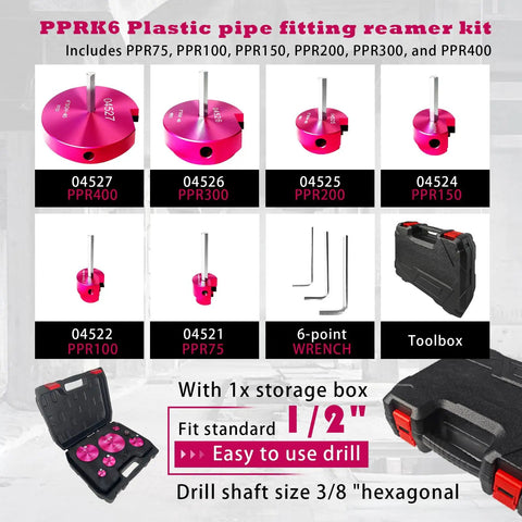 Pro Grade PVC Pipe Reamer Kit With Aluminum Heads, Sizes Three Quarter, One, One And A Half, Two, Three, Four Inch, Fits Standard Half Inch Drill, For CPVC PPR Or ABS, Includes Carbide Blades, Rustproof CNC Machined Aluminum Socket Saver image showing reamers and toolbox.