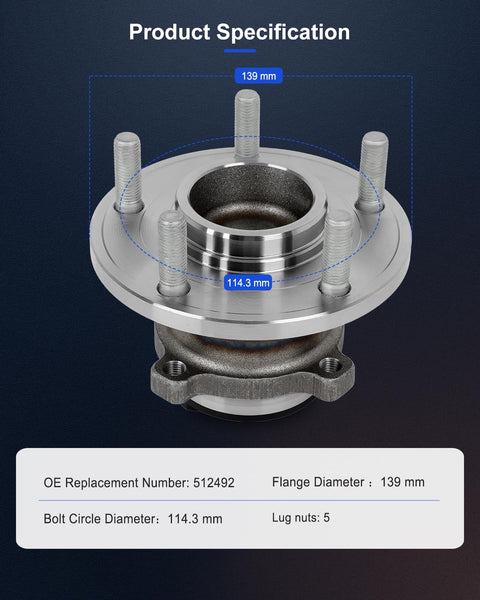 Front view of Rear Wheel Hub And Bearing Assembly For Kia Forte 2010 2013 Forte Koup 5 Lug With ABS Direct Fit OE Quality Plug And Play 2 Piece Set