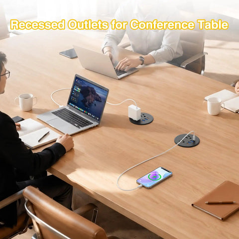 Three Inch Desktop Power Grommet With 35W USB C Fast Charging And Dual 18W USB A Outlets Black Six Foot Cord at a conference table setup.