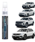 "Volkswagen Touch Up Paint Kit 12ml With Built In Brush 2 In 1 Scratch Remover Pen And Two Disposable Micro Applicators In Pure White For Quick DIY At Home Car Paint Repair On VW Cars Like Tiguan Atlas Jetta Taos ID4 Golf R And More displayed with VW car models in background"