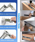 Metal Drawer Slides Full Extension With Ball Bearing Runners installation process and measurements in steel thickness, slide width.