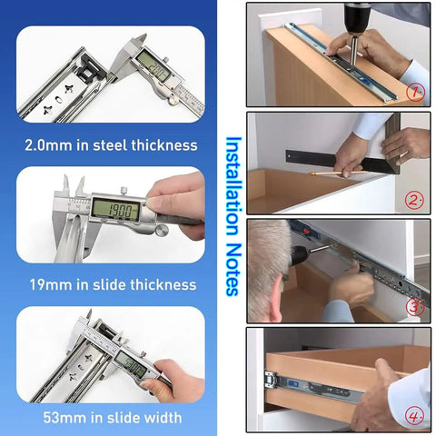 Metal Drawer Slides Full Extension With Ball Bearing Runners installation process and measurements in steel thickness, slide width.