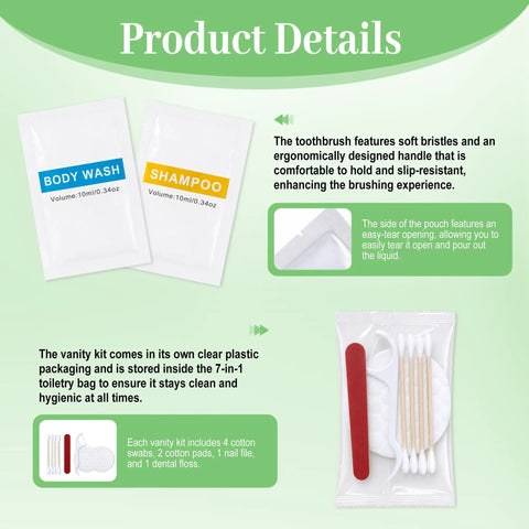 Bulk 100 Pack Travel Hygiene Kits with shampoo and body wash sachets, cotton swabs, and nail file for travel use.