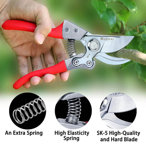 Hand holding 8.6 Inch Pruning Shears For Gardening With Sharp SK5 Steel Blades, Heavy Duty Garden Clippers trimming a small branch.