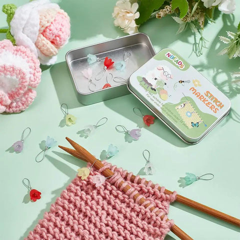 Flower Stitch Markers Set Of 18 In 9 Colors For Knitting Crochet And Weaving With Acrylic Markers And Stainless Steel Wire Perfect For Jewelry Making And Craft Projects Easy To See And Slide On For DIY Makers in tin box with knitting project