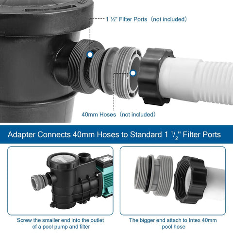 Pool Hose Adapter Kit 40mm To 1.5 Inch For Above Ground Pools, 2 Pack Grey, showing installation on filter port with hose
