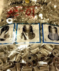 Pack of 1000 aluminum rivet nuts Rivnut inserts open end SAE 10-24 UNC threads in packaging with example images.