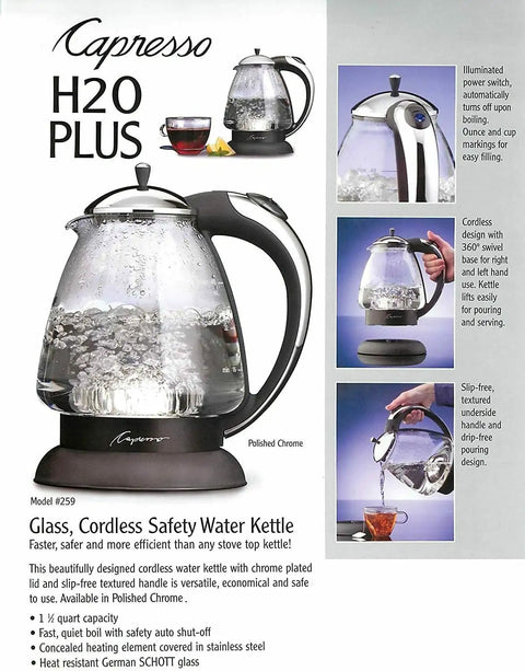 Top Notch 230V Water Kettle With Stainless Steel Dome Heater, DURAN Glass, Boil Dry Safety, Polished Chrome Finish, Fast Boil Tech