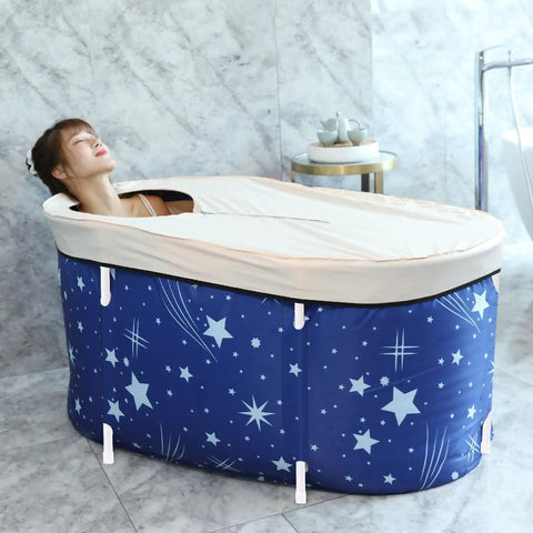 Portable Folding Bathtub Soak Tub For Tiny Bathrooms And Showers, Spa Level Soaking, No Pump Needed, Starry Night Blue design