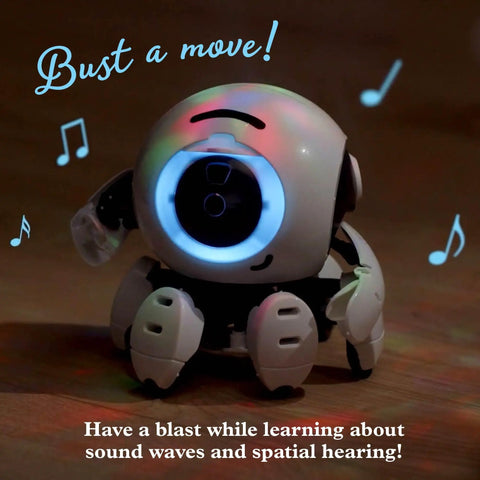 Sound Sensing Robot STEM Kit Build a Dope Sound Reacting Bot at Home Learn Engineering and Spatial Hearing With Screen Free Hands On Assembly Featuring Two Motors and Three Microphones for Real World Sound Reactions, white robot on floor