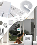 Sliding Door Air Conditioner Vent Kit With Universal Five Point Nine Inch Hose And Coupler For Window Or Sliding Glass Doors Includes Six 17 Inch Panels To Extend Up To Ninety Five Inches Weather Stripping And Airtight Seal For Energy Saving with installed and uninstalled views.