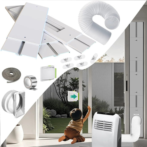 Sliding Door Air Conditioner Vent Kit With Universal Five Point Nine Inch Hose And Coupler For Window Or Sliding Glass Doors Includes Six 17 Inch Panels To Extend Up To Ninety Five Inches Weather Stripping And Airtight Seal For Energy Saving with installed and uninstalled views.