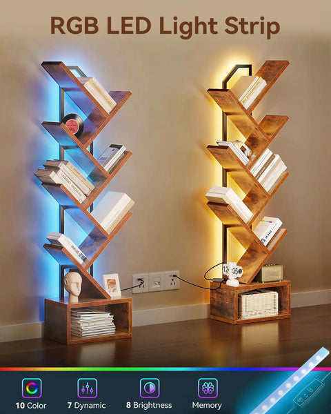 Tree Bookshelf With LED Lights, 6-Tier Narrow Bookcase For Small Spaces, shown in blue and yellow mood lighting.