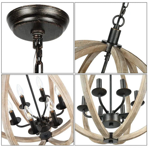 Close-up details of Six Light Orb Wood Chandelier with Rustic Oak Globe Frame Vintage Farmhouse Style Ceiling Light, brown.