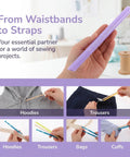 Tube Turner Sewing Tool For Waistbands And Drawstrings, Handy Loop Threading For Elastic And Fabric Tubes, No Fuss Works With Plastic Or Metal Materials, Perfect For DIY Sewing And Hand Knitting Crafts. purple plastic tube turner with hoodie, trousers and bag threading examples