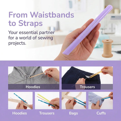 Tube Turner Sewing Tool For Waistbands And Drawstrings, Handy Loop Threading For Elastic And Fabric Tubes, No Fuss Works With Plastic Or Metal Materials, Perfect For DIY Sewing And Hand Knitting Crafts. purple plastic tube turner with hoodie, trousers and bag threading examples
