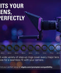 Top Shelf Teleprompter With Bright Built In Screen For Dead Simple Script Reading And Stream Chat Tracking Featuring Drag And Drop Setup showing compatible lens size rings.