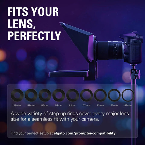 Top Shelf Teleprompter With Bright Built In Screen For Dead Simple Script Reading And Stream Chat Tracking Featuring Drag And Drop Setup showing compatible lens size rings.