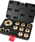 11-piece brass router bushing guide set in a black storage case with red latch, front view