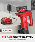 Cordless Stick Water Transfer Pump with Two 4.0Ah Batteries and Charger, shown with red and black design on counter, 740 GPH flow.