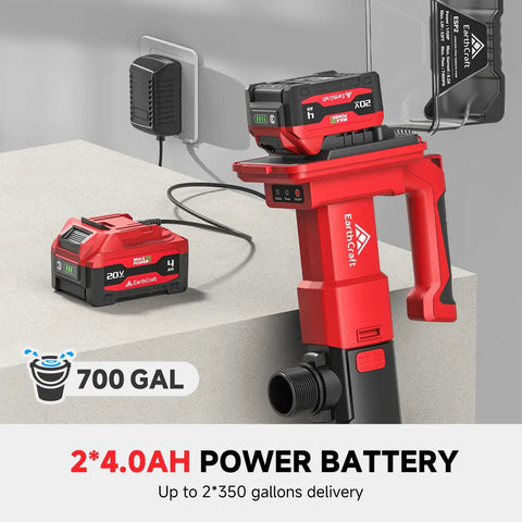 Cordless Stick Water Transfer Pump with Two 4.0Ah Batteries and Charger, shown with red and black design on counter, 740 GPH flow.