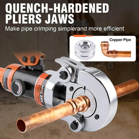 Pro Press Copper Pipe Crimp Tool Kit With Three Dies For One Half Inch, Three Quarter Inch And One Inch PEX Plumbing in use