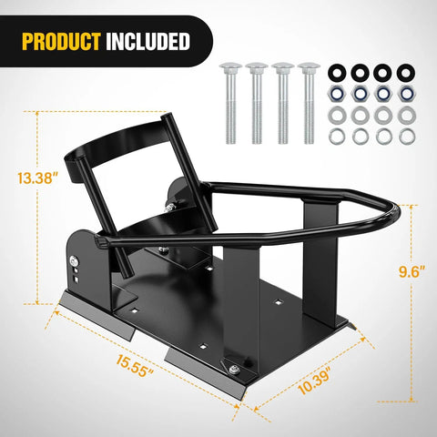 Heavy Duty Motorcycle Wheel Chock With 1800 Lbs Capacity Front Wheel Stand For 15 To 21 Inch Wheels Adjustable Holes Durable Steel Cradle Rust Resistant Finish Fits Off Road And Standard Bikes Black, shown with dimensions and included bolts in image.