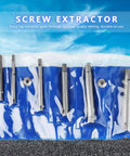 Six-piece tap extractor set in blue pouch for stripped taps and broken screws, shown with three types of heavy-duty tools.
