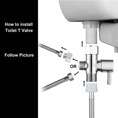 Brass T Valve Bidet Connector With Shut Off Valve For Toilet Chrome Finish installation guide showing valve connections.