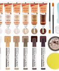 All In One Wood Repair Kit With 6 Oak Color Fillers, 6 Touch Up Markers, Wood Polish Wax, Scraper, Brushes, and Sponge