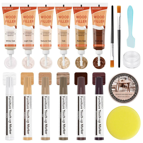 All In One Wood Repair Kit With 6 Oak Color Fillers, 6 Touch Up Markers, Wood Polish Wax, Scraper, Brushes, and Sponge