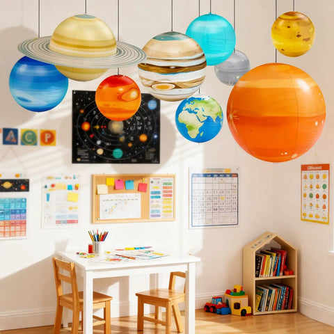 Nine Giant Inflatable Solar System Planets With Pump For Ceiling Decor Epic Space Classroom Display And Boys Room Astronomy Theme Party Supplies Educational Gift For Ages 6 To 12 displayed from a ceiling in a classroom.