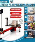 Heavy Duty Electric Stretch Wrap Dispenser Packing Station For Super Fast And Zero Sweat Box Wrapping With 220V Wall Setup and Rock Solid Semi Automatic 30 Rpm Motor Assembly in use, wrapping boxes.