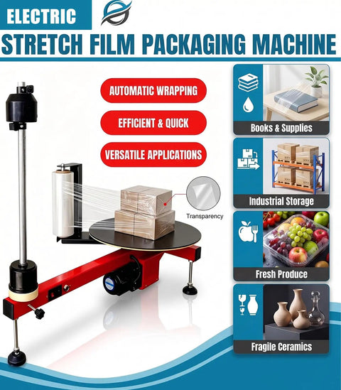 Heavy Duty Electric Stretch Wrap Dispenser Packing Station For Super Fast And Zero Sweat Box Wrapping With 220V Wall Setup and Rock Solid Semi Automatic 30 Rpm Motor Assembly in use, wrapping boxes.