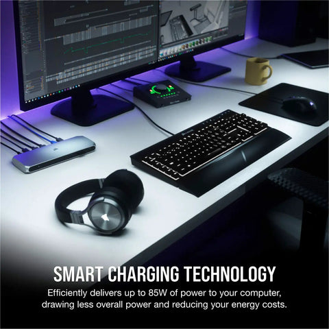 Thunderbolt 3 Dock For Laptop Users Delivers Snazzy Desk Setups With 85W Fast Charging and dual monitors on a sleek desk.