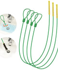 Banish Stubborn Sink Gunk For Good Heavy Duty Drain Snake Hair Clog Remover 50 Inch Ultra Slim Metal Pipe Extractor With Microhook Tip Tough 4 Pack showing green drain wands attached to a sink.
