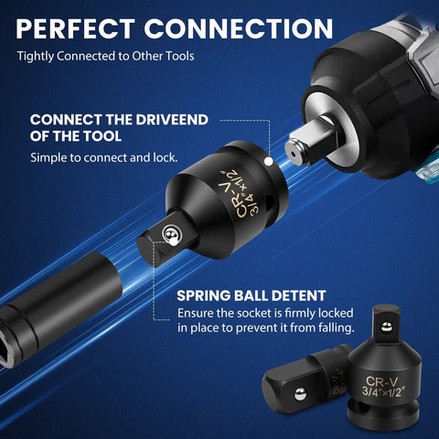 Six Piece Impact Socket Adapter Set For One Quarter, Three Eighths, One Half And Three Quarters Inch Drives With CR-V Steel shown