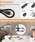 USB Clip On Handy Magnifier Lamp with 3.2 inch lens for hands-free convenience, showing USB plugs and clamp features