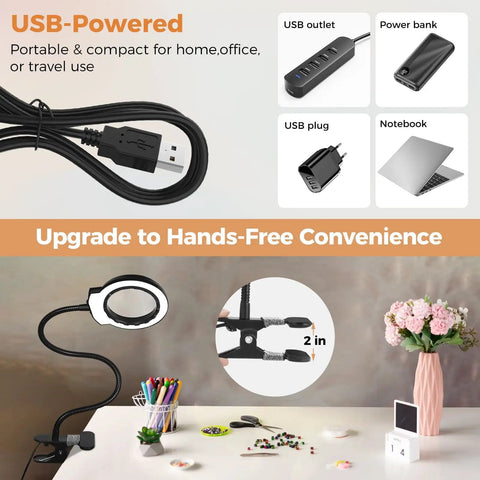 USB Clip On Handy Magnifier Lamp with 3.2 inch lens for hands-free convenience, showing USB plugs and clamp features