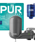 Vertical Faucet Mount Water Filtration System With Lead Reducing Filter attached to faucet, PUR branding, gray color, 100 gallon capacity